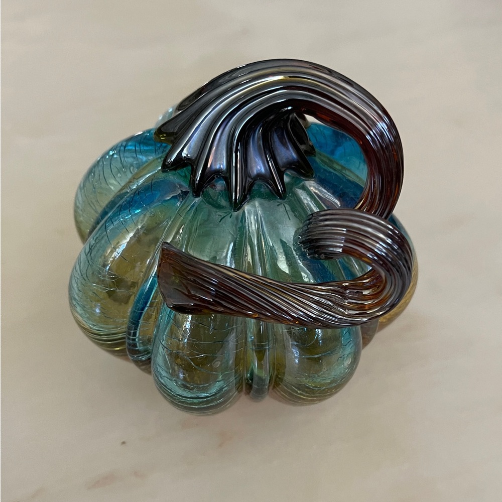 Art Glass Turquoise, Amber, and Brown Pumpkin with Curly Stem.  5”- 5 1/2” Dia